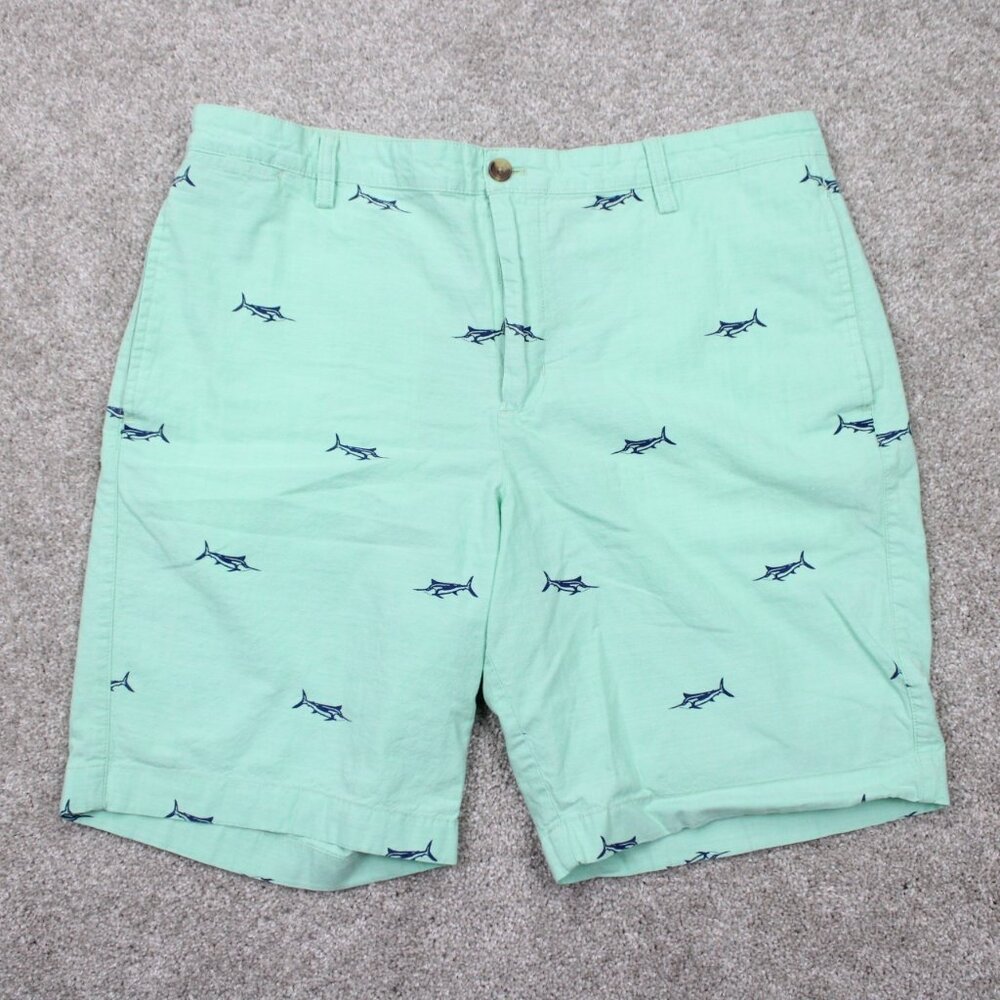 Chaps AOP Chino Shorts Mens 36 Green‎ w/ Sport Fish All Over Print w/ 10" inseam